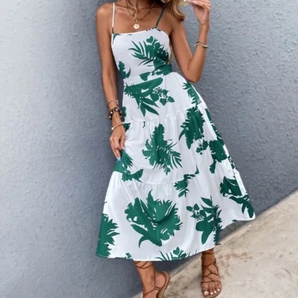 Boho Blue Floral Tropical Leaves Cut out Cami Ruffle Dress - Picture 4 of 12